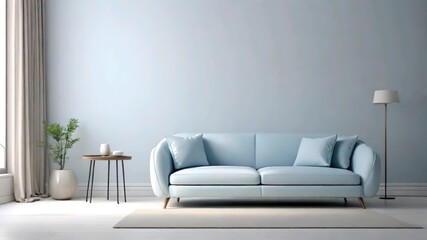 Minimalist and modern interior of living room with light blue sofa and house plant. - obrazy, fototapety, plakaty