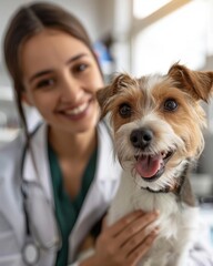 Veterinarian Comforting Jack Russell Terrier: Compassionate Veterinary Care - obrazy, fototapety, plakaty