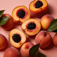 Fresh and vibrant peach and blackberries on a pink background, perfect for a refreshing summer snack. Generative AI.