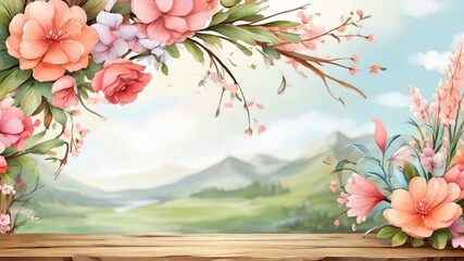 Wooden table top on flower garden with mountain view  background illustration.	