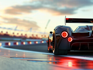 Rear view of a fast racing car on a track 