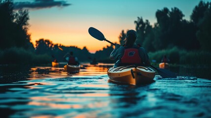 Fototapeta na wymiar Group of People Kayaking Down a River