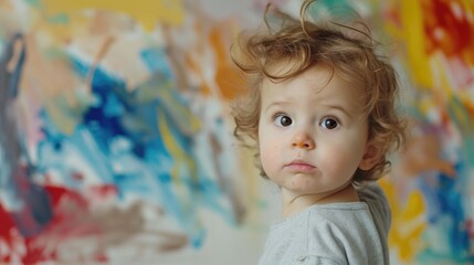 Toddler painting on the walls, child misbehavior and creativity Candid moment of child play, early development