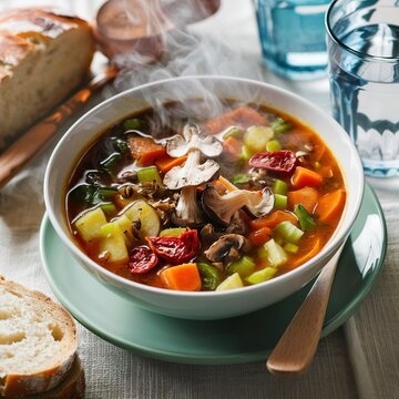 vegetable soup with dried mushrooms, dried tomatoes in a bowl on the table