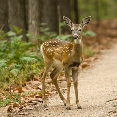 Naklejka na ściany i meble White tailed deer fawn witj hind on natural trail