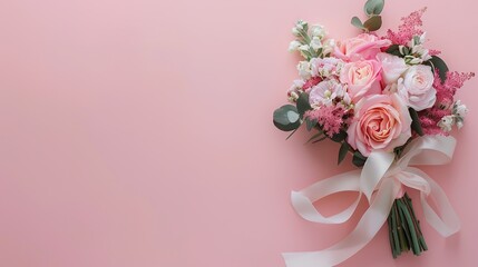 wedding or mothers day background, bouquet over plain pink background with copy space on blank cardgenerative ai,