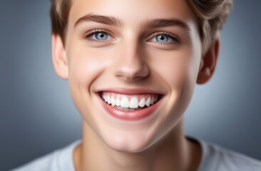 A smiling teenager boy with white teeth, close up. healthy teeth day, dentistry
