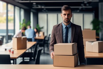 Sad Fired. Let Go Office Worker Packs His Belongings into Cardboard Box and Leaves Office. Workforce Reduction, Downsizing, Reorganization, Restructuring, Outsourcing. Mass Unemployment Market Crisis. - obrazy, fototapety, plakaty