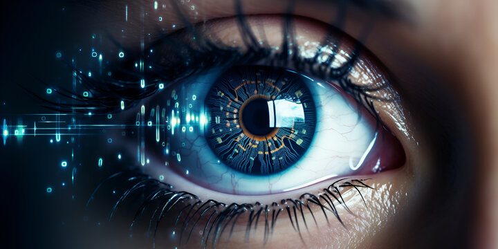 eye in the eye, Human eye with using the futuristic technology Science fiction concept, Vibrant Beautiful 3d eye Human, Generative AI