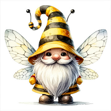An illustration of a gnome in a bee outfit with wings, the gnome’s large hat obscures the eyes, revealing only a round nose and a beard, rendered in watercolor style.