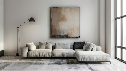 Gray Sectional Sofa with Modern Art in Minimalist Living Room AI Generated.