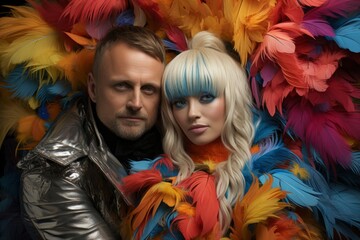 Fashionable couple posing with vibrant feather boas in a glamorous shoot