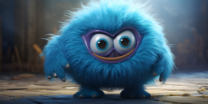 blue owl, A cute fluffy creature 3D illustration on a neutral background, blue fluffy monsters are standing , A picture of a blue monster with big eyes and big eyes, Generative AI