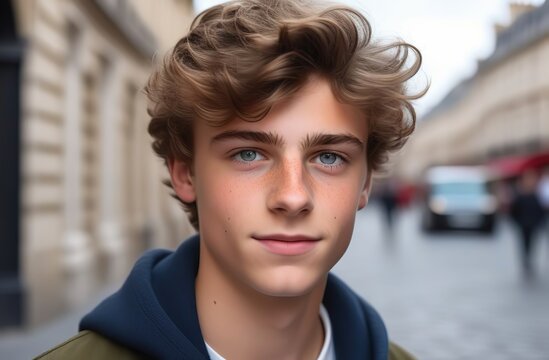 photo of a 15-year-old boy, confident gaze, tousled hair, youthful features, subtle freckles, happy expression, pronounced pointy nose