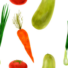 Vegetable seamless pattern in watercolor, hand drawn. Onion, tomato, zucchini, carrots. For kitchen textiles, wallpaper, menu, packaging design