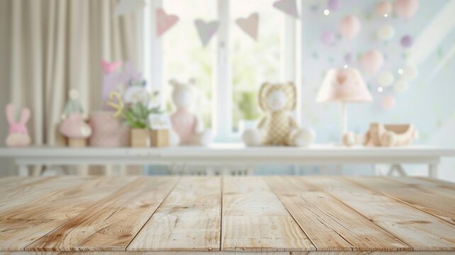 Empty wooden table in a blurry baby room with decorations