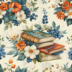 book and flowers, seamless pattern of flowers and books, literature, floral pattern with books