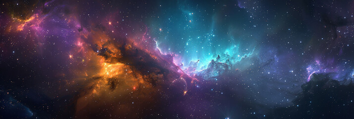 Obraz premium background with space,Clouds streak across the Milky Way, galaxy with stars on night starry sky Panorama view universe space,purple teal blue galaxy nebula cosmos banner poster background 