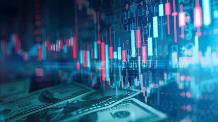 A close up of a bunch of dollar bills and a graph with red and blue lines. The graph is showing the stock market and the dollar bills are on the bottom. Scene is one of financial importance