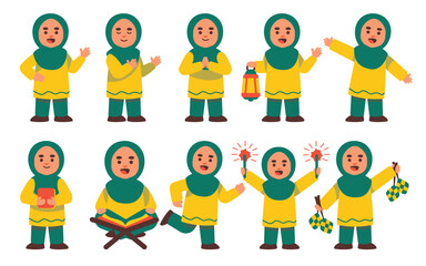 A series of vibrant illustrations featuring a Muslim girl in various joyful poses, suitable for diverse and cultural content.