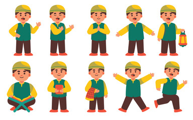 An engaging set of illustrations featuring a Muslim boy in various poses with Islamic attributes, perfect for cultural themes