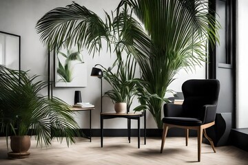 The lens captures the details of a carefully curated interior, featuring a black chair positioned alongside a healthy green palm plant.