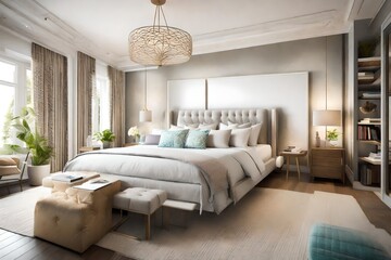 A stylish bedroom with a blend of neutral tones and pops of vibrant colors, creating a serene...