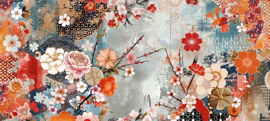 Floral collage banner. A detailed composition of mixed floral patterns and textures, reminiscent of traditional Japanese kimono fabrics, for a decorative background or textile design.