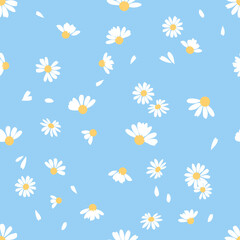 Seamless pattern with cute flower and white heart on blue background vector.