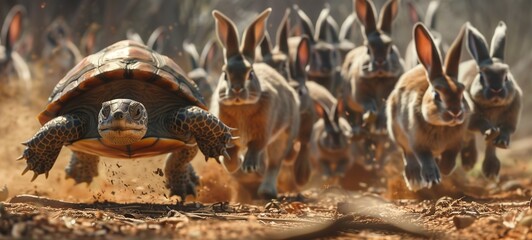 Aesop's fable concept. A turtle leads a pack of racing rabbits, all kicking up dust on a sunlit path, a playful take on the classic tortoise and hare story.