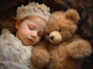 Portrait of a sleeping baby with a teddy bear on a beautiful background, view from above 
