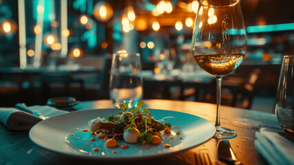 Restaurant table served for dinner in a restaurant. Selective focus. - obrazy, fototapety, plakaty