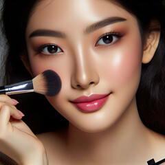 Beautiful asian woman applying make up with cosmetic brush. Make up concept.
