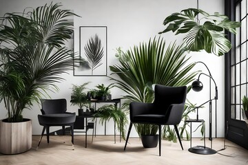 The HD camera captures the essence of modern interior design, focusing on a sleek black chair and a lush green palm plant that beautifully coexist.