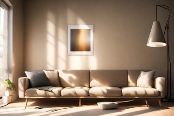 Sunlight streaming into a well-lit living space, highlighting a grey lamp beside a beige sofa with an artistic poster nearby.