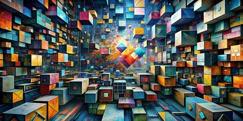 A illustration vibrant painting in a cubist style, depicting fragmented code snippets and data visualizations arranged in a thought-provoking way. - obrazy, fototapety, plakaty