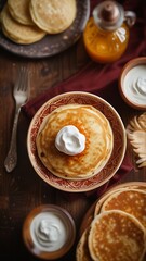 Fototapeta na wymiar pancakes with sour cream,wooden background,view from above.