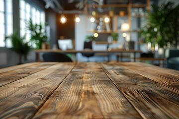 Close-up of a wooden table in a modern co-working space with blurred background, concept of shared...