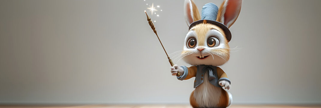 A 3D animated cartoon render of a cute bunny with a magic wand and a top hat.