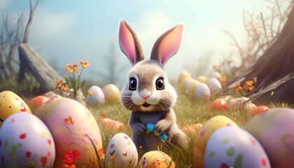 easter bunny and easter eggs,A rabbit with colorful Easter eggs