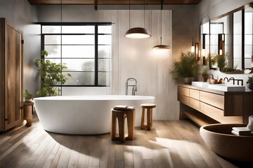 Fototapeta na wymiar A Calming Spa-inspired Bathroom with Wood Accents, Freestanding Tub, and Diffused Lighting.