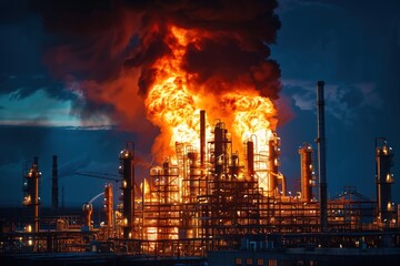Industrial plant emitting fiery explosion at night, concept of emergency, industrial hazard, and environmental impact - obrazy, fototapety, plakaty