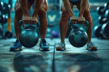 Low-angle view of athletic individuals gripping kettlebells for deadlifts in gym, focus on muscular arms and fitness gear, Concept of strength training and determination