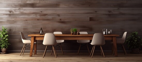 In the dining room, a wooden table is surrounded by white chairs. The room is well-lit, and the table is empty. The flooring is made of wood.
