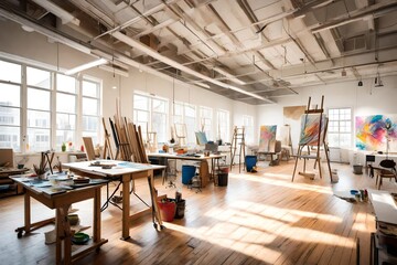 A vibrant art studio with high ceilings, ample natural light, and various workstations for painting, sculpting, and creating.