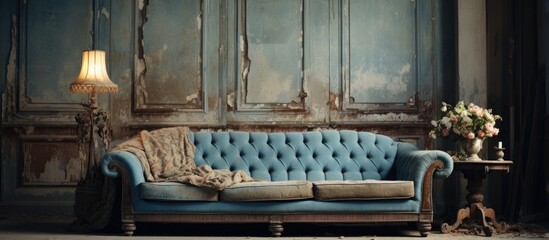 A blue couch is positioned in a vintage living room, placed next to a lamp. The room exudes a classic aesthetic with its choice of furniture and decor.