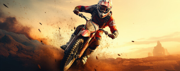 Motocross rider performing in a dusty track - obrazy, fototapety, plakaty
