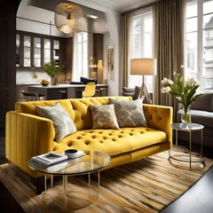 A cozy living space adorned with a stylish yellow sofa and a glass table, creating an inviting atmosphere. - Upscaling by @Zishii