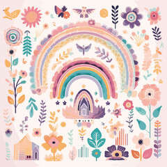 Obraz premium Boho Rainbow leaf flowers butterfly cute kids vector set 