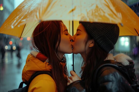 Zwei Frauen k&uuml;ssen sich unter einem Regenschirm bei Regen 